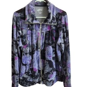 Style & Co Sport 70's Inspired Purples Floral Soft Velour Shirred Zip Jacket  XL